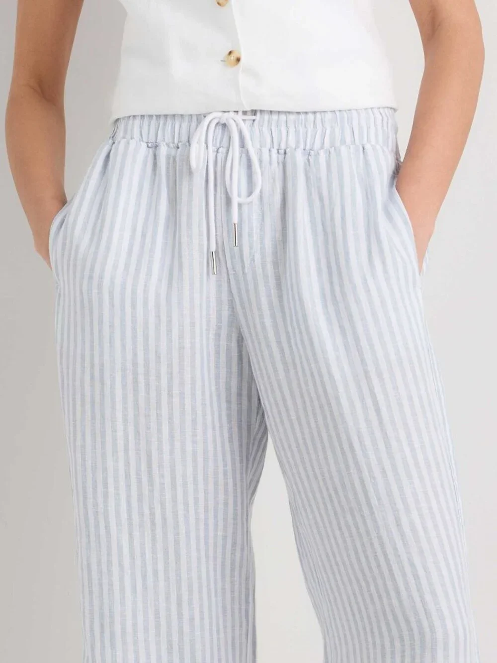 Quince 100% Linen Wide Leg Pants Sky Blue Mariner Stripe Size Large